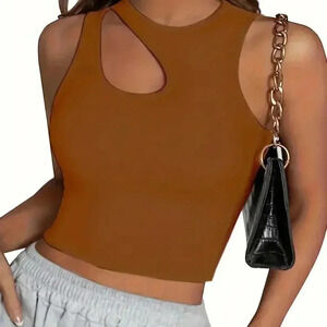 Sexy Cut Out Slim Crop Top (Color: Coffee)